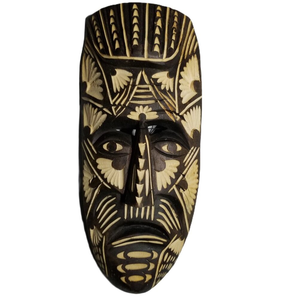 Handcrafted Vintage Wooden Tribal Mask Wall Art Global Boho Ethnic Decor 12in